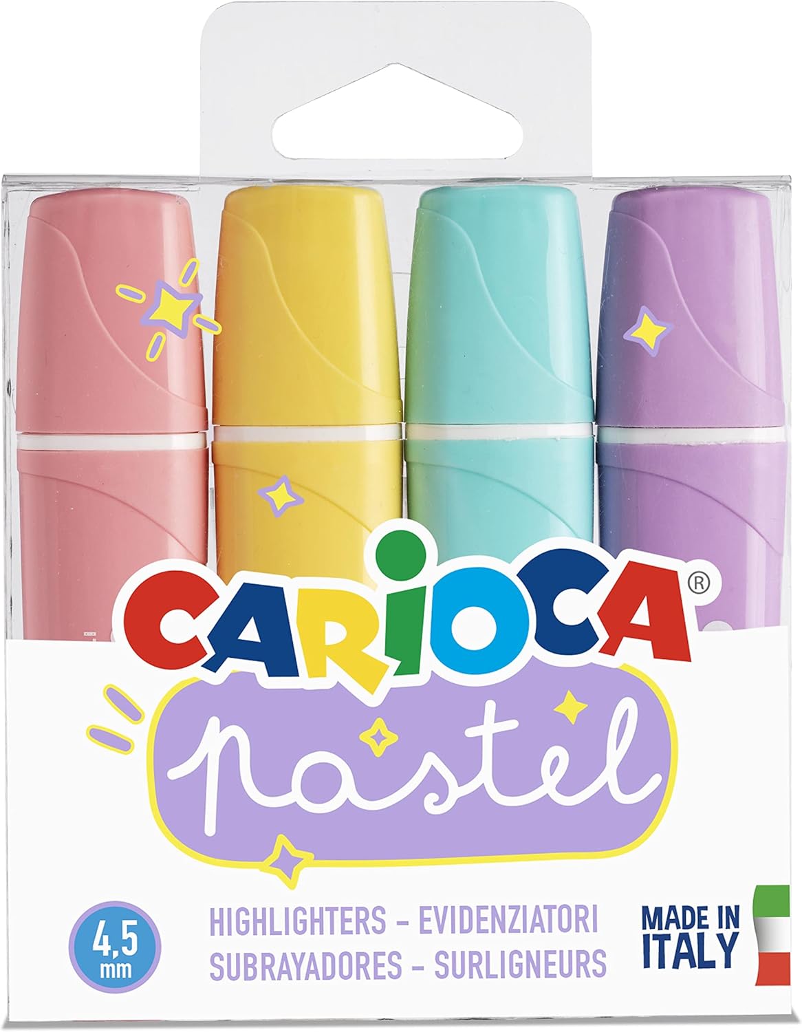 Carioca Pastel - Confezione da 4 Evidenziatori Memolight Pastello, Colori Assortiti. Lavabili con Inchiostro a Base Acqua