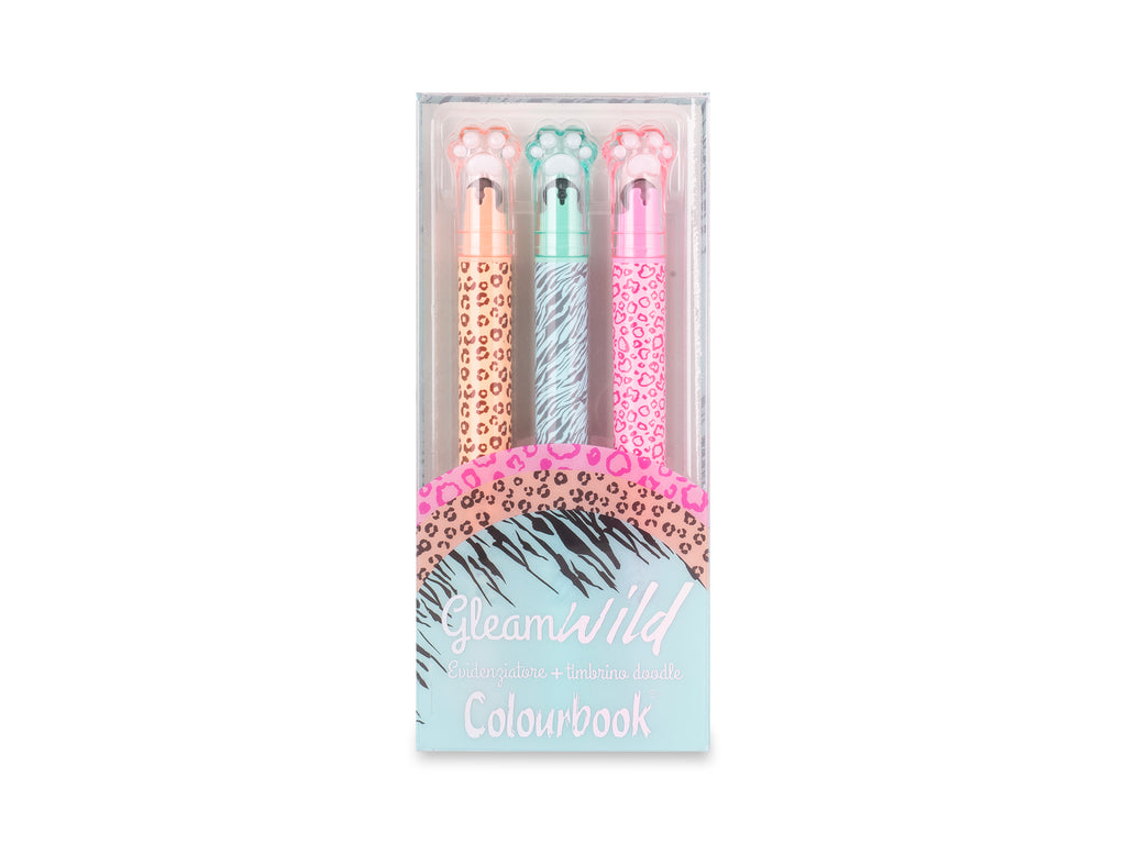 Evidenziatore Gleam Wild glitter + timbrino set da 3pz Colourbook