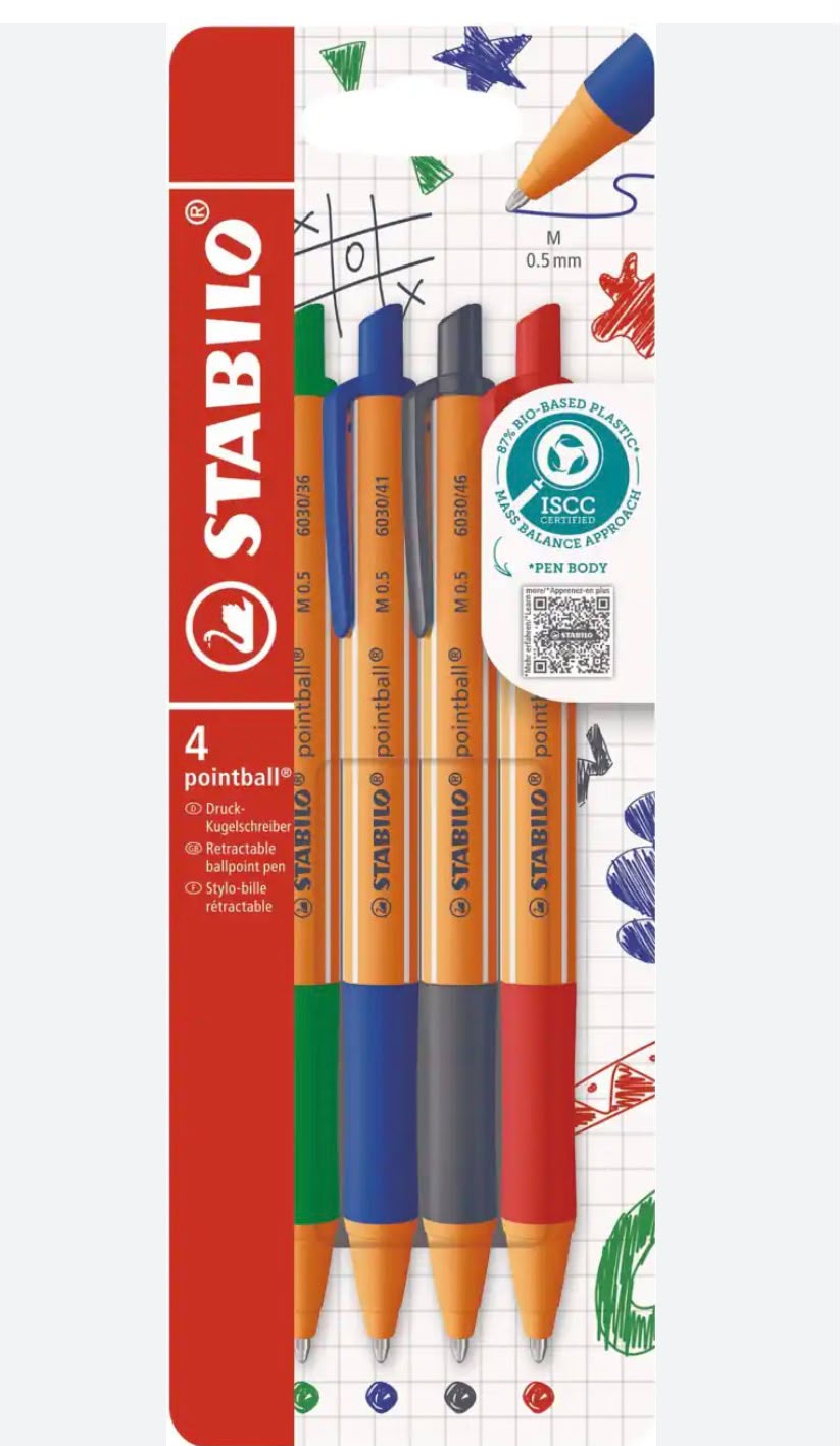 STABILO pointball colorful - Penna a Sfera - Pack da 4 - Verde/Blu/Nero/Rosso