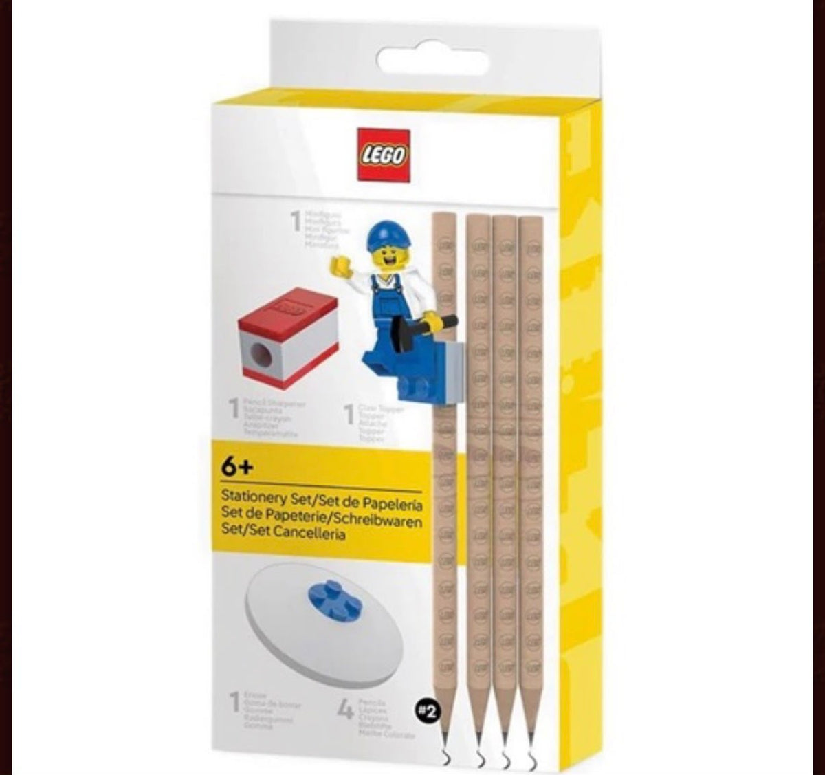 LEGO STATIONERY SET: 4 MATITE + 1 TEMPERINO + 1 GOMMA + 1 PERSONAGGIO