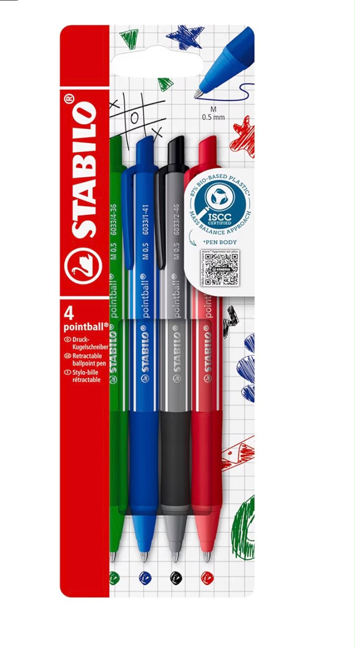 STABILO pointball colorful - Penna a Sfera - Pack da 4 - Verde/Blu/Nero/Rosso
