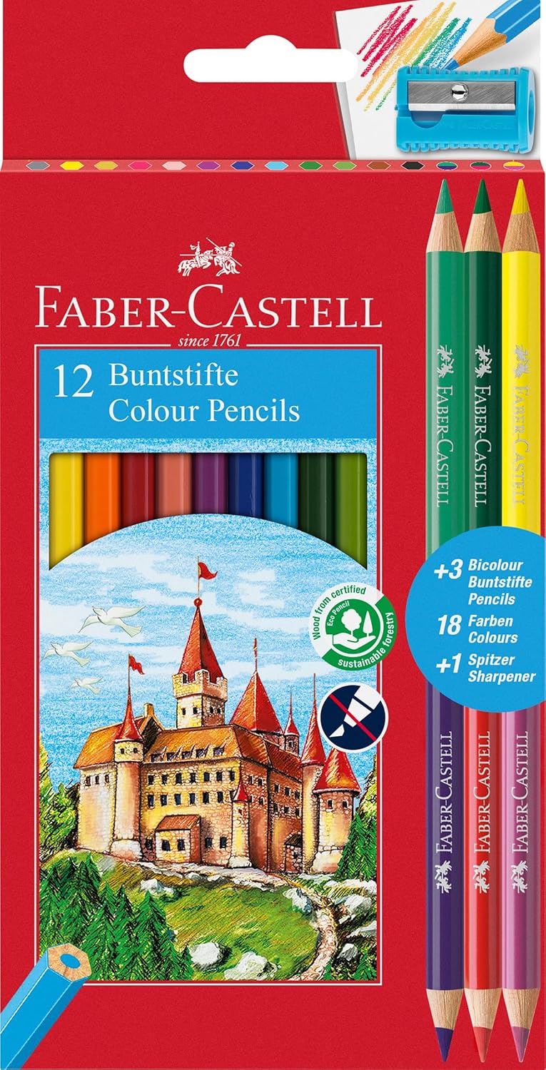 pastelli faber - castell con temperino e 3 matite bicolori incluso da 12 o 24