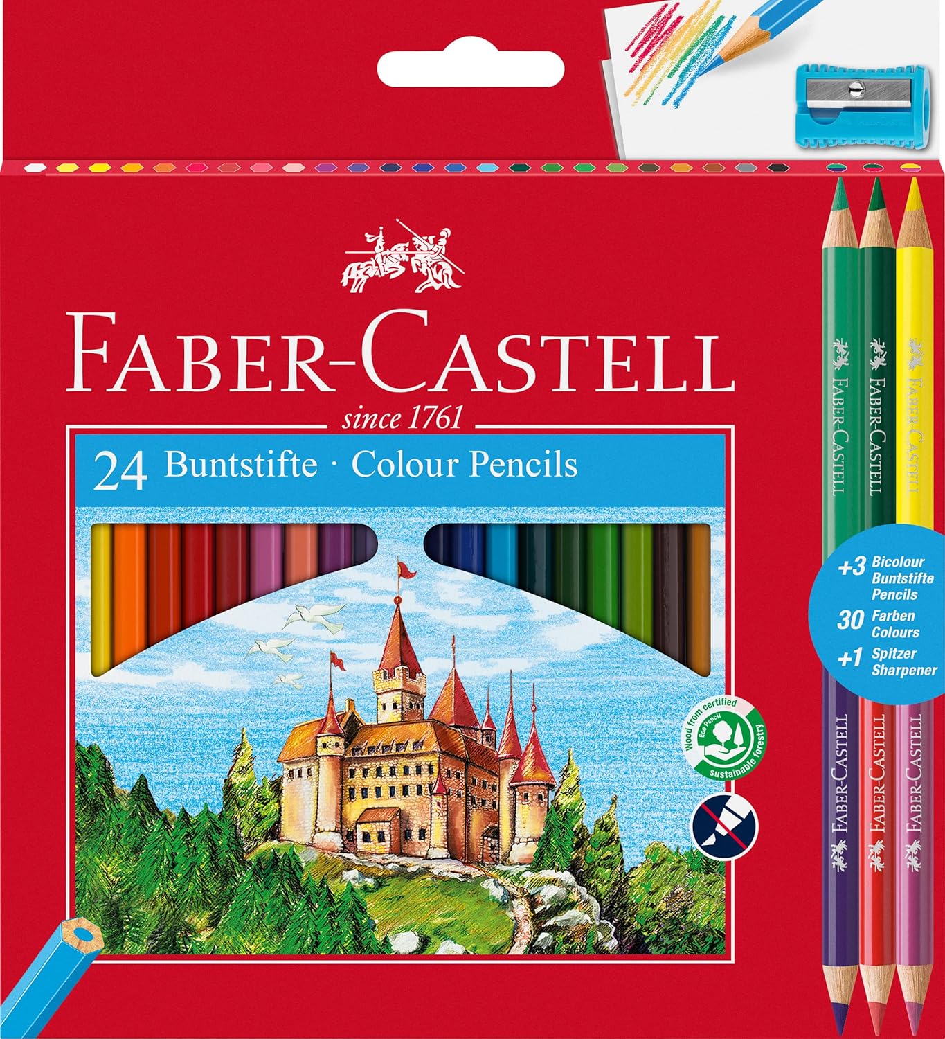 pastelli faber - castell con temperino e 3 matite bicolori incluso da 12 o 24