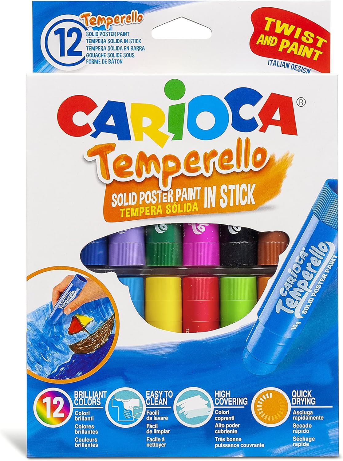 Carioca Tempere Stick Temperello | Tempere Solide Colorate in Scatola per Bambini, Tempere Super Lavabili, Colori Assortiti, 12 Pezzi